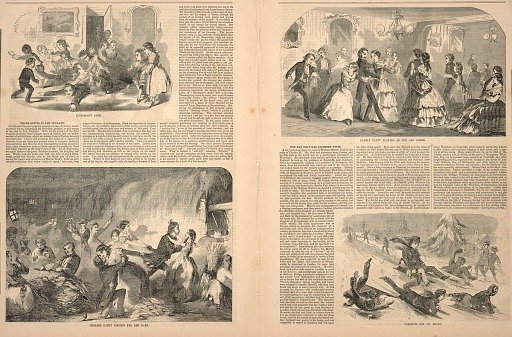 Blindman's Bluff, Husking Party Finding the Red Ears, Family Party Playing at Fox and Geese, Coasting Out of Doors, from Ballou's Pictorial Drawing-Room Companion, November 28, 1857