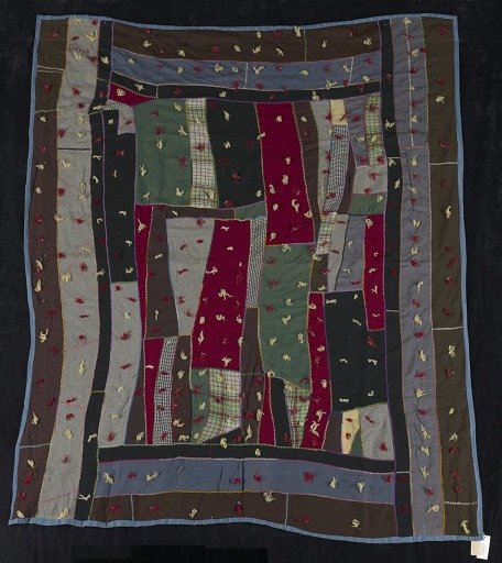 Untitled (Tied Crazy Quilt with Embroidered "Dolly")